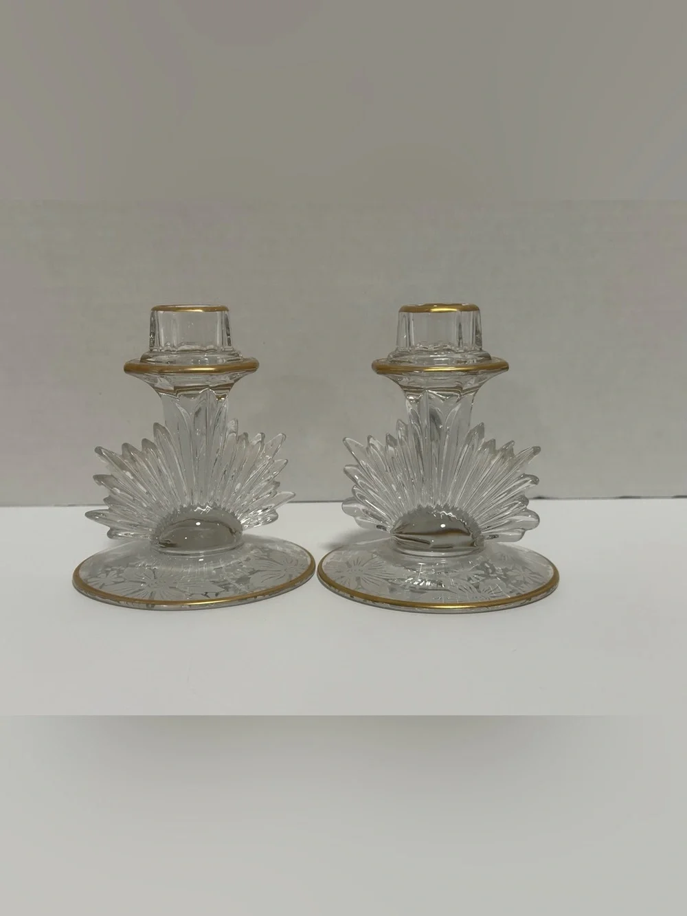 Vintage Fostoria Flame Mayflower Candlestick Pair rare gold trim